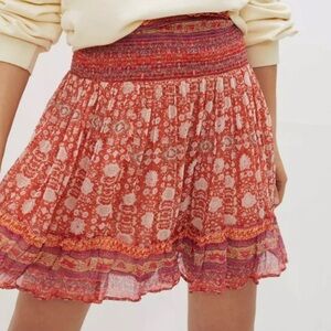 Anthropologie smocked waist floral mini skirt red/orange print size xl